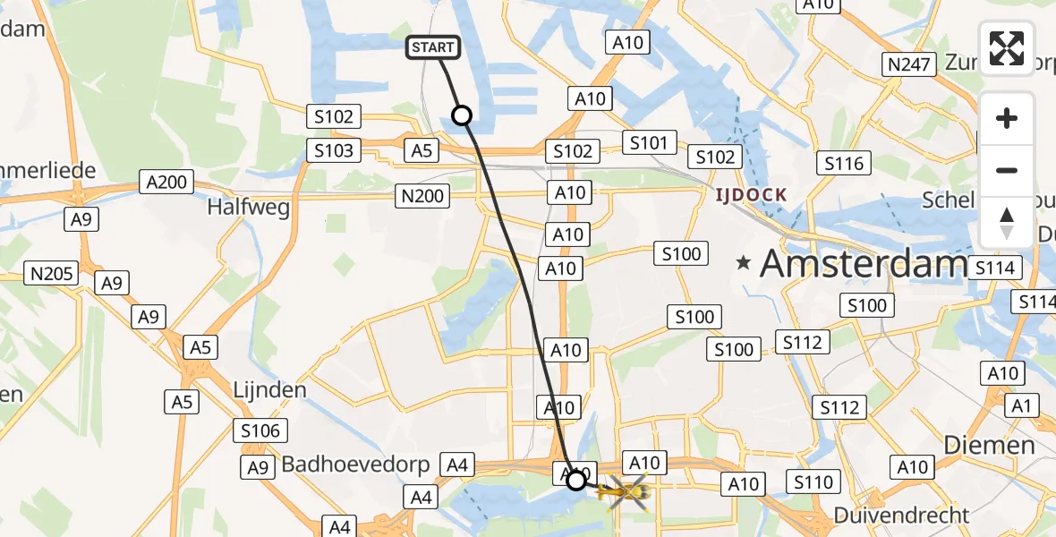 Vluchtroute Traumahelikopter Amsterdam Heliport - VU Medisch Centrum Amsterdam, 07 juli 2023, 21:55