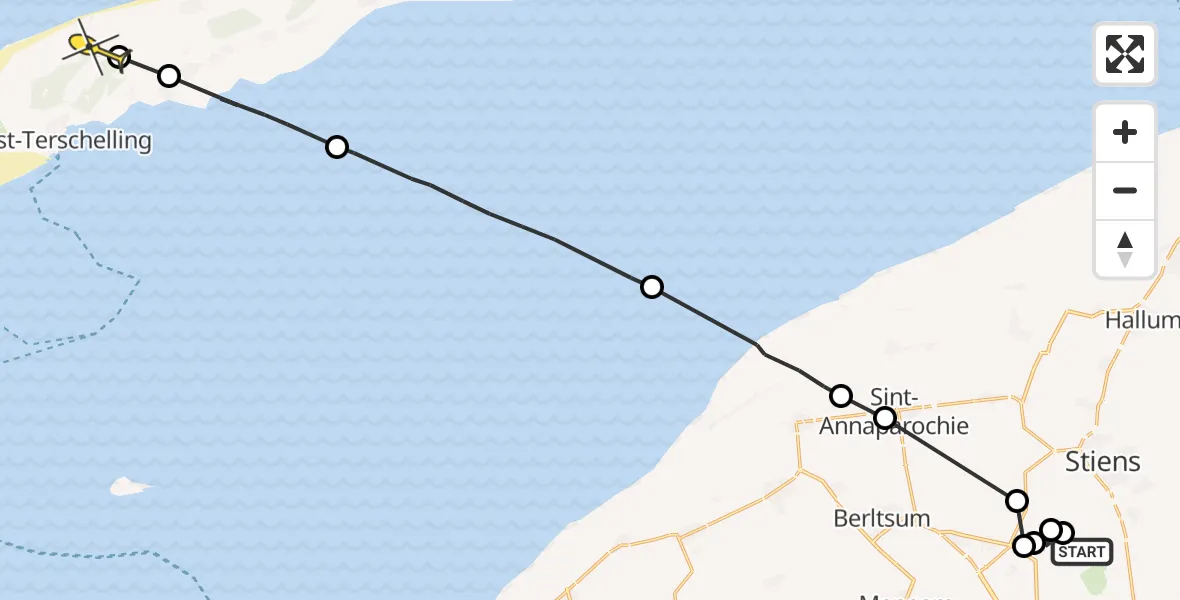 Routekaart van de vlucht: Ambulancehelikopter naar West-Terschelling