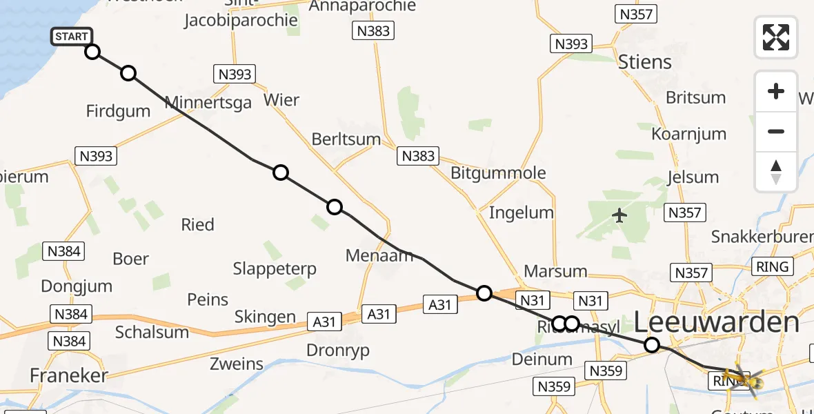 Vluchtroute Ambulancehelikopter Westhoek - Leeuwarden, 07 juli 2023, 22:42