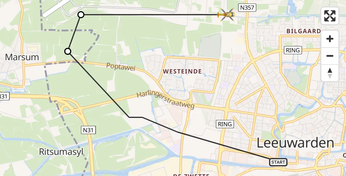 Vluchtroute Ambulancehelikopter Leeuwarden - Vliegbasis Leeuwarden, 07 juli 2023, 23:14