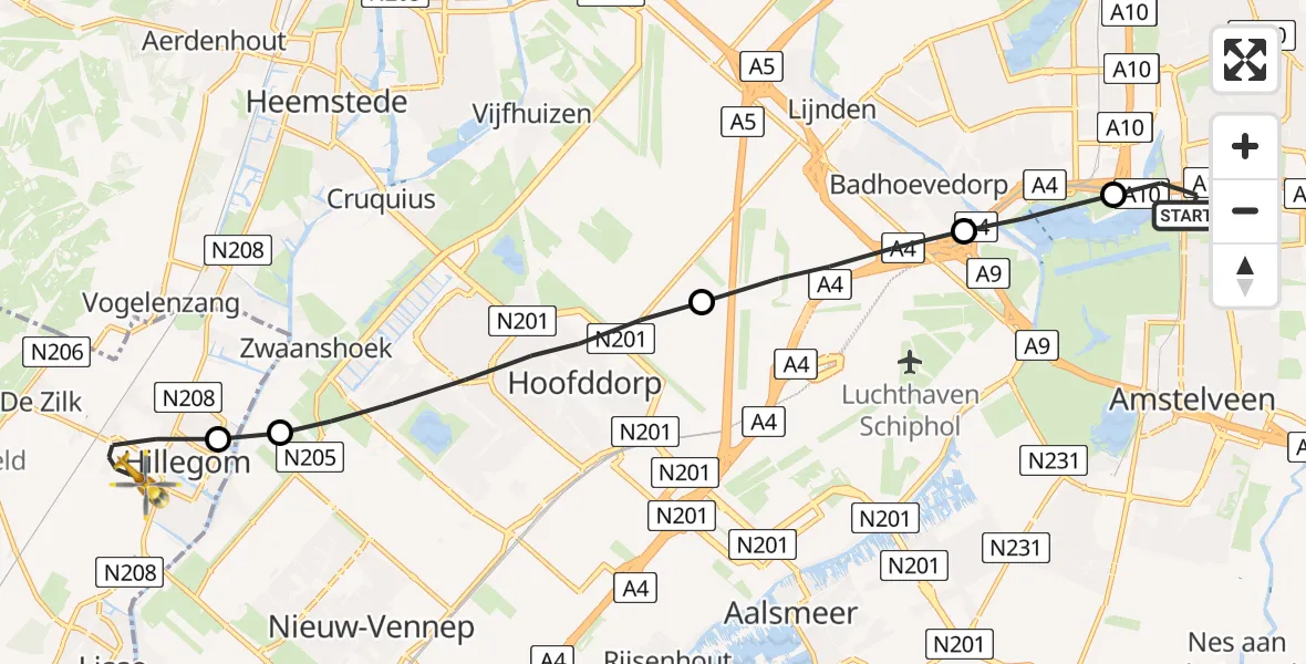 Vluchtroute Traumahelikopter VU Medisch Centrum Amsterdam - Hillegom, 07 juli 2023, 23:28