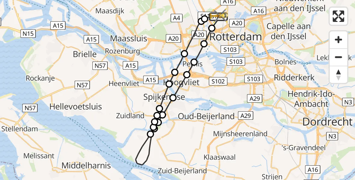 Vluchtroute Traumahelikopter Rotterdam The Hague Airport - Rotterdam The Hague Airport, 07 juli 2023, 23:37