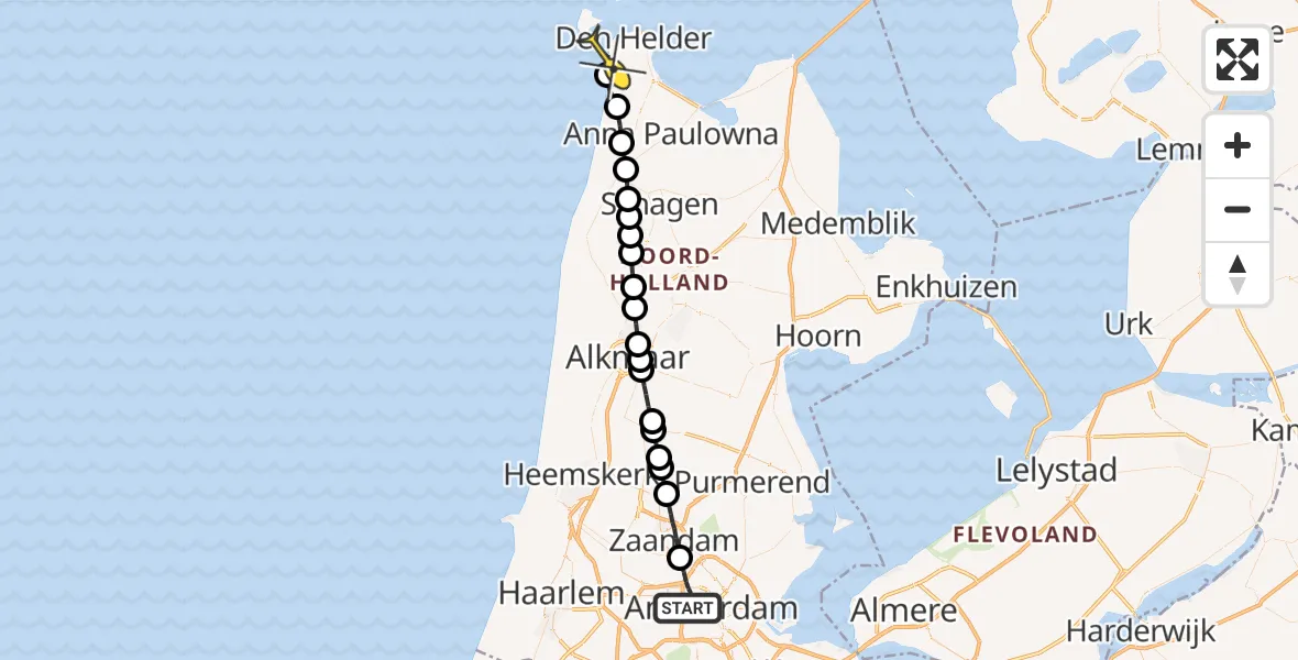 Routekaart van de vlucht: Lifeliner 1 naar Den Helder