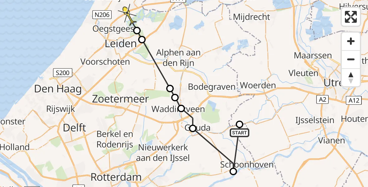 Routekaart van de vlucht: Politieheli naar Warmond