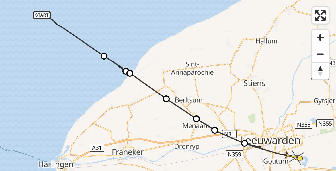 Routekaart van de vlucht: Ambulanceheli naar Leeuwarden