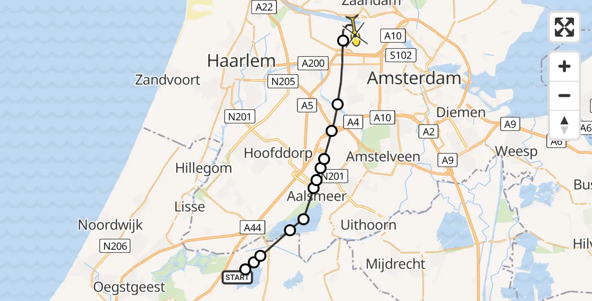 Routekaart van de vlucht: Lifeliner 1 naar Amsterdam Heliport