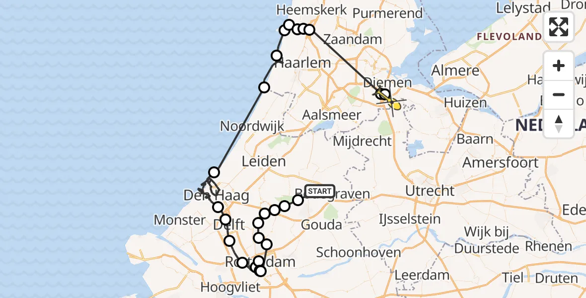 Routekaart van de vlucht: Politiehelikopter naar Academisch Medisch Centrum (AMC)