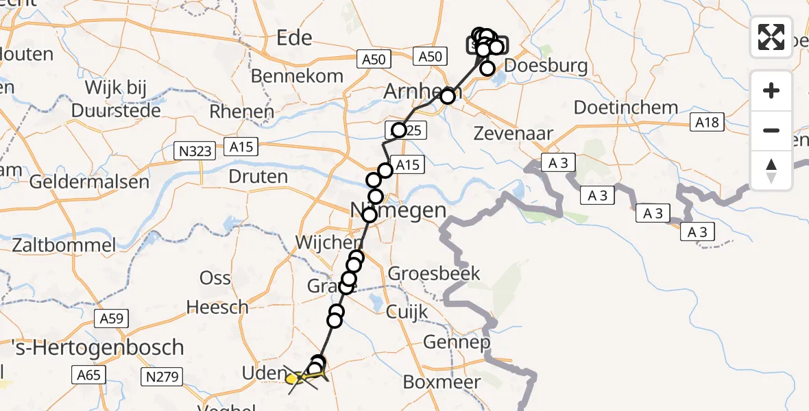 Routekaart van de vlucht: Politieheli naar Vliegbasis Volkel