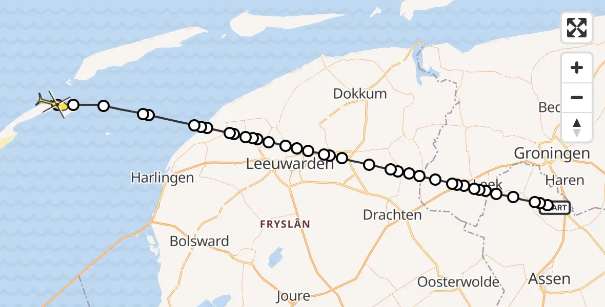 Routekaart van de vlucht: Lifeliner 4 naar Vlieland Heliport