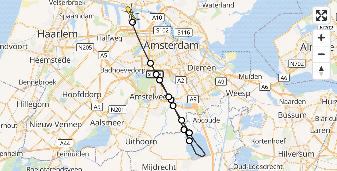 Routekaart van de vlucht: Lifeliner 1 naar Amsterdam Heliport