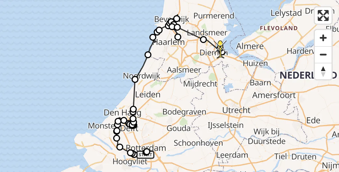 Routekaart van de vlucht: Politieheli naar Amsterdam