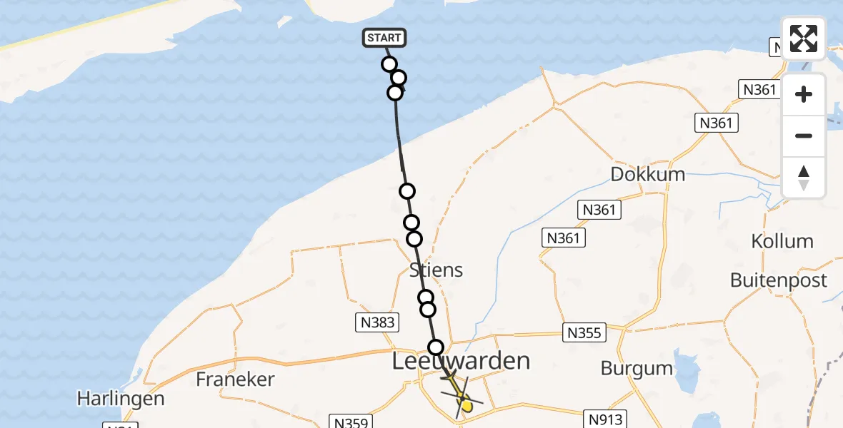 Routekaart van de vlucht: Ambulanceheli naar Leeuwarden