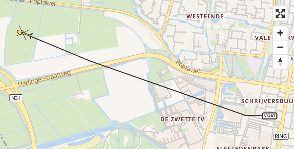 Vluchtroute Ambulancehelikopter van Leeuwarden naar Leeuwarden