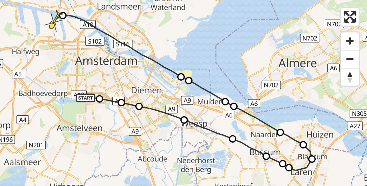 Routekaart van de vlucht: Lifeliner 1 naar Amsterdam Heliport