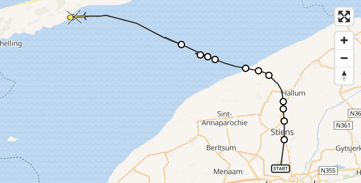 Routekaart van de vlucht: Ambulancehelikopter naar Oosterend