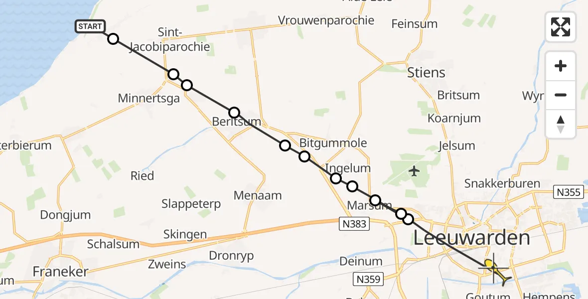 Routekaart van de vlucht: Ambulanceheli naar Leeuwarden