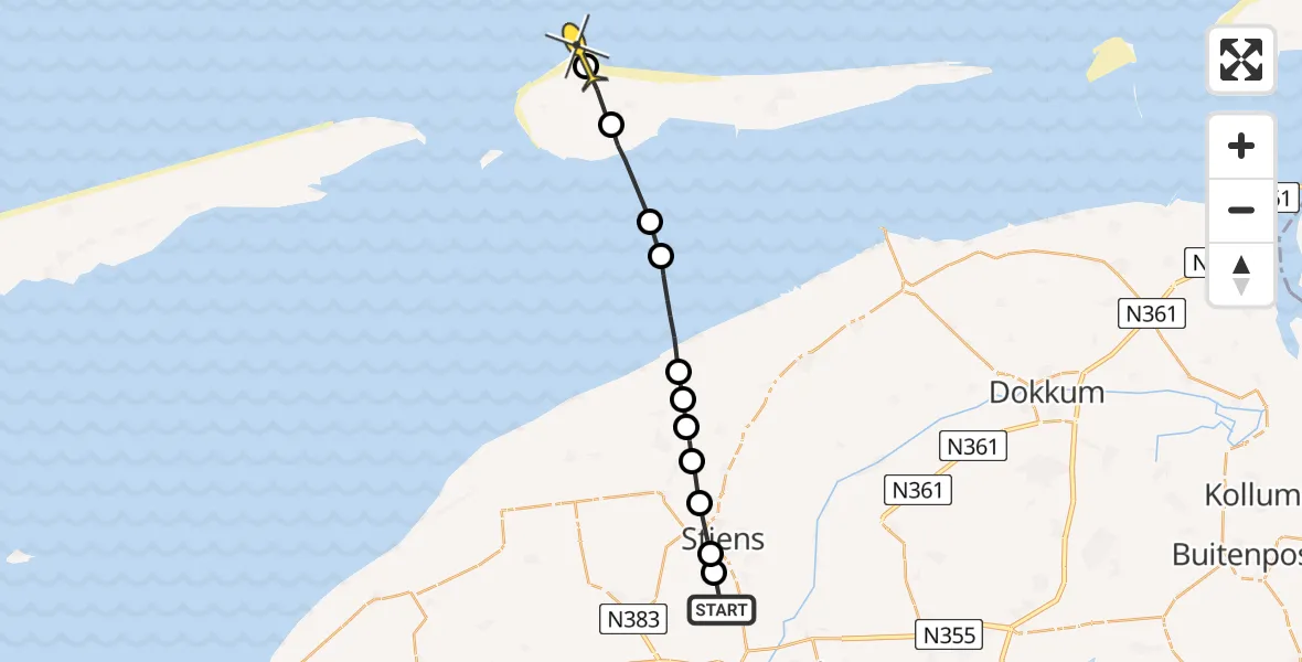 Routekaart van de vlucht: Ambulanceheli naar Hollum