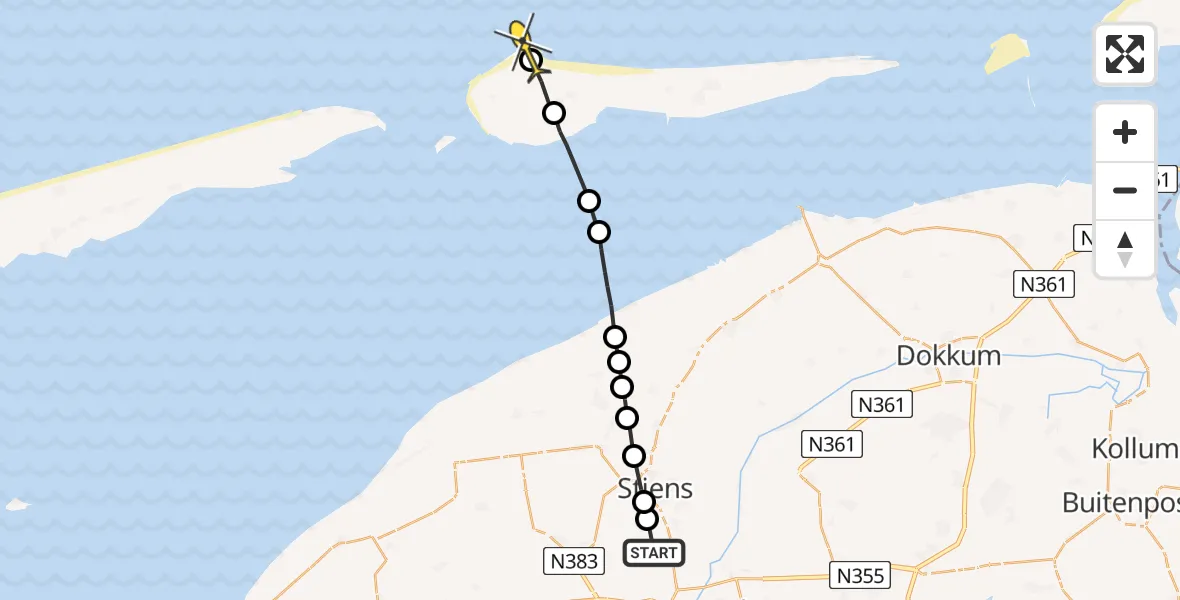 Routekaart van de vlucht: Ambulancehelikopter naar Hollum