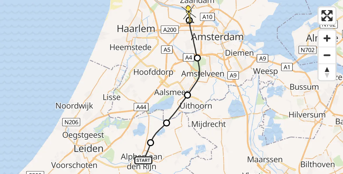 Routekaart van de vlucht: Lifeliner 1 naar Amsterdam Heliport