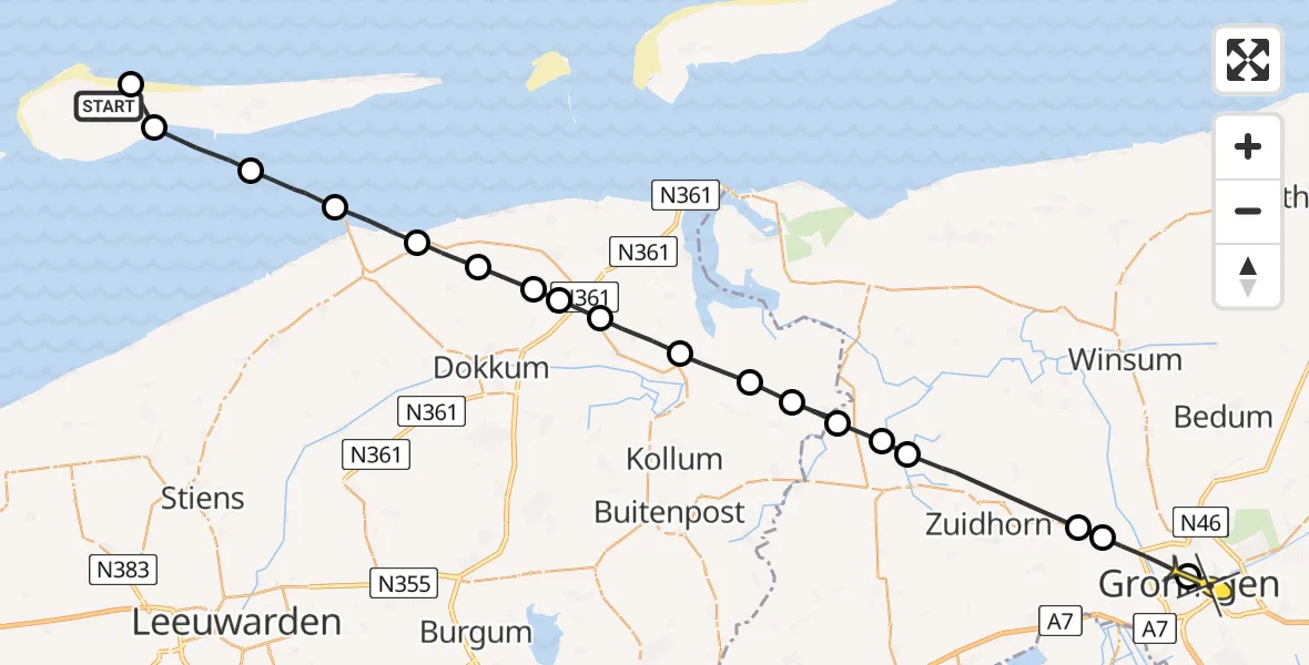 Routekaart van de vlucht: Ambulancehelikopter naar Universitair Medisch Centrum Groningen