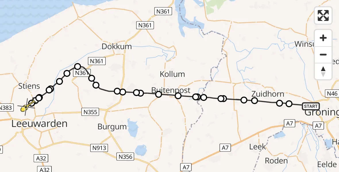 Routekaart van de vlucht: Ambulancehelikopter naar Vliegbasis Leeuwarden