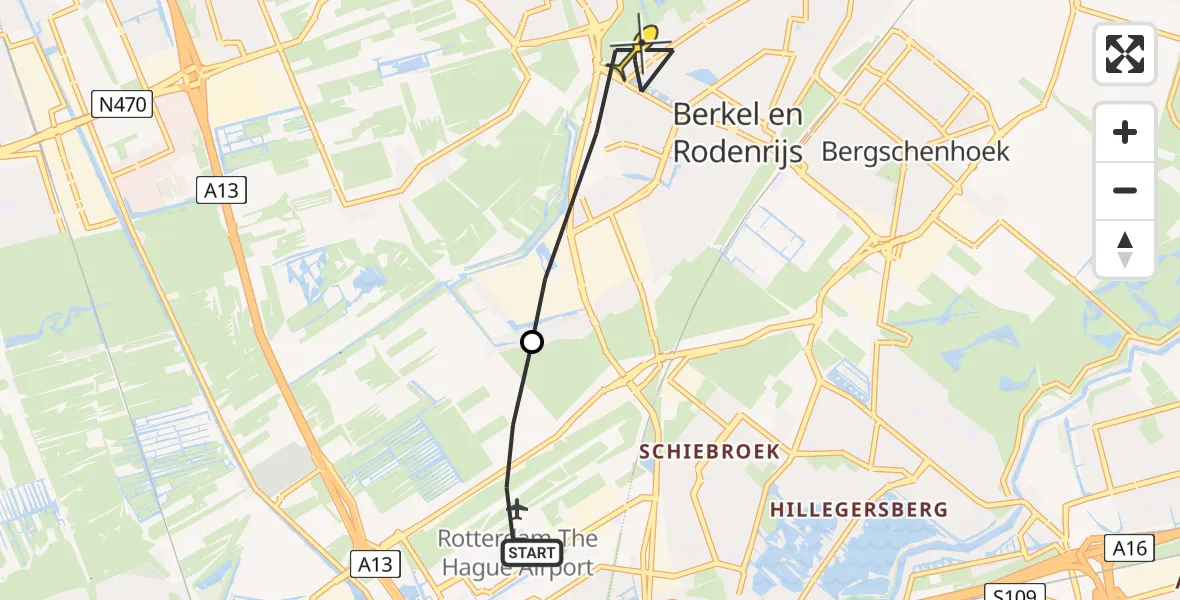 Routekaart van de vlucht: Lifeliner 2 naar Berkel en Rodenrijs