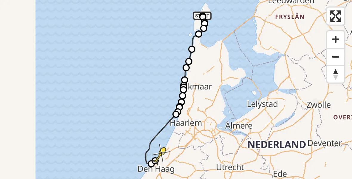 Routekaart van de vlucht: Politieheli naar Wassenaar