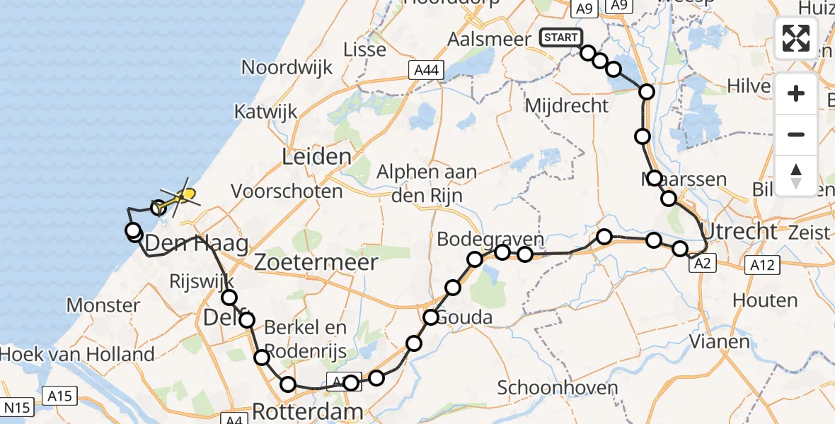 Routekaart van de vlucht: Politieheli naar Den Haag