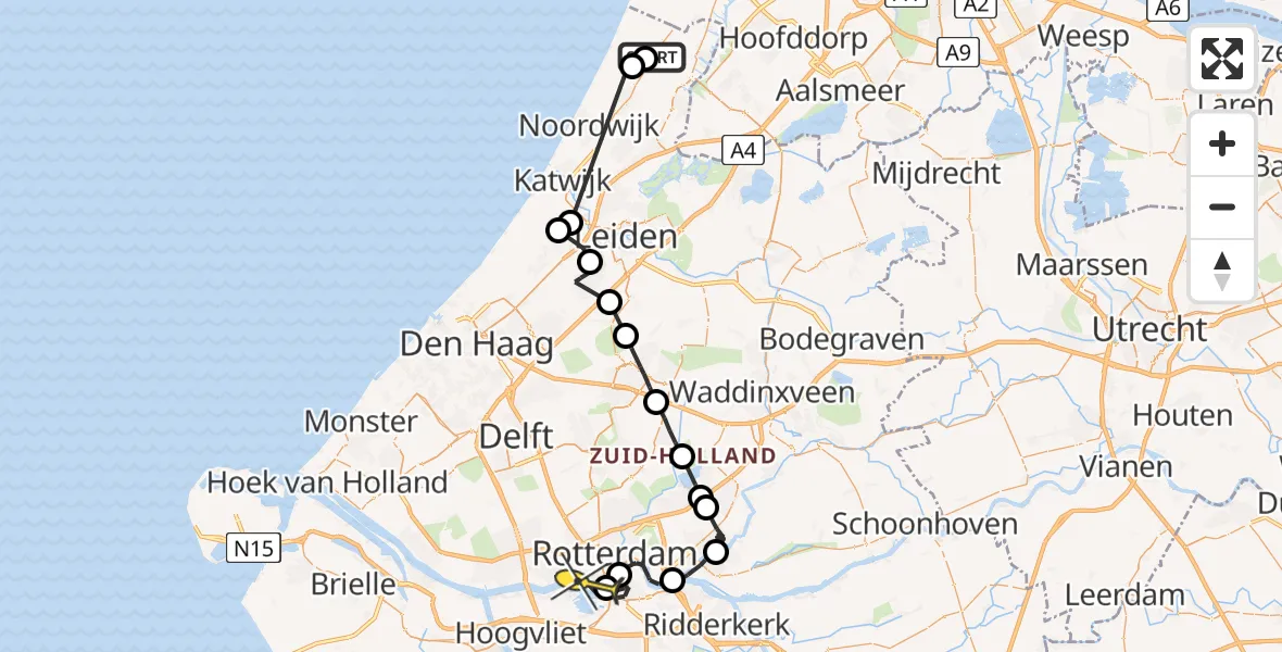 Routekaart van de vlucht: Politieheli naar Rotterdam