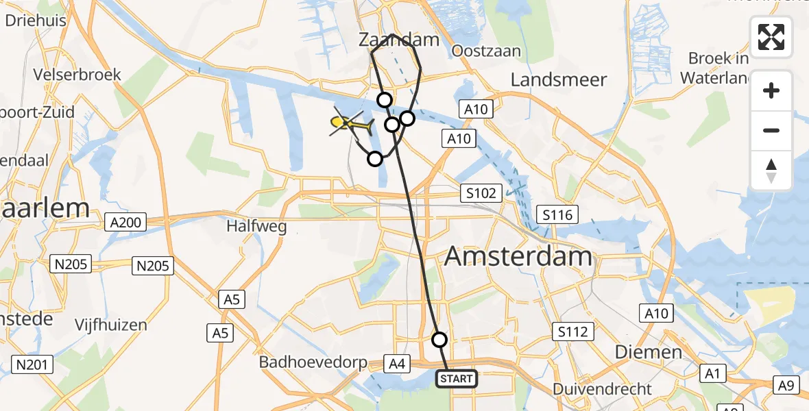 Routekaart van de vlucht: Lifeliner 1 naar Amsterdam Heliport