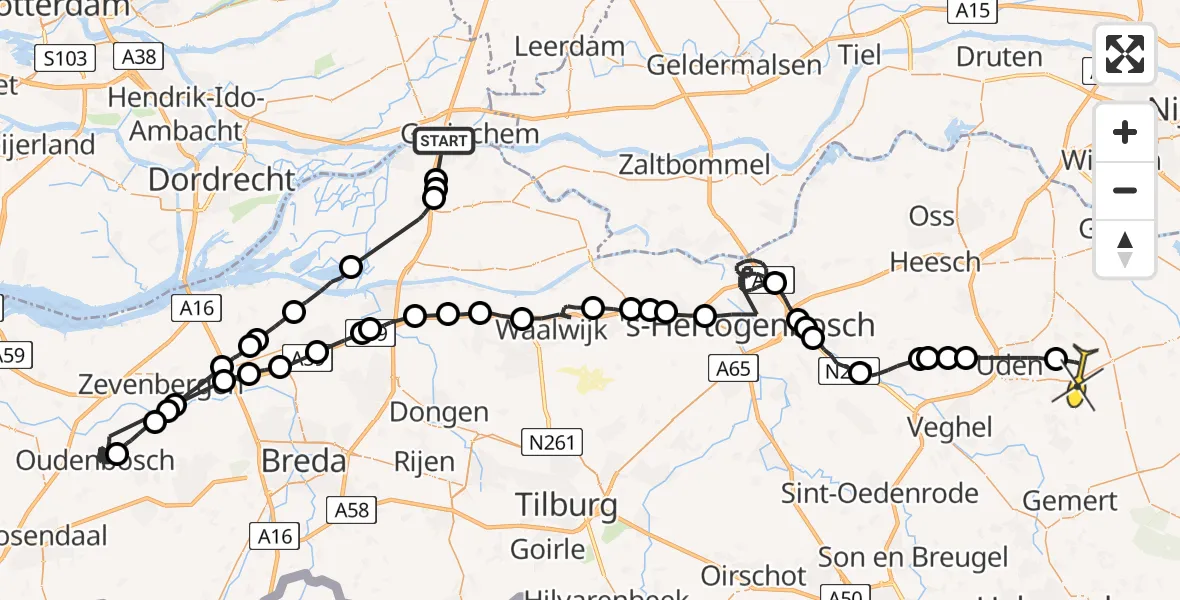 Routekaart van de vlucht: Politieheli naar Vliegbasis Volkel