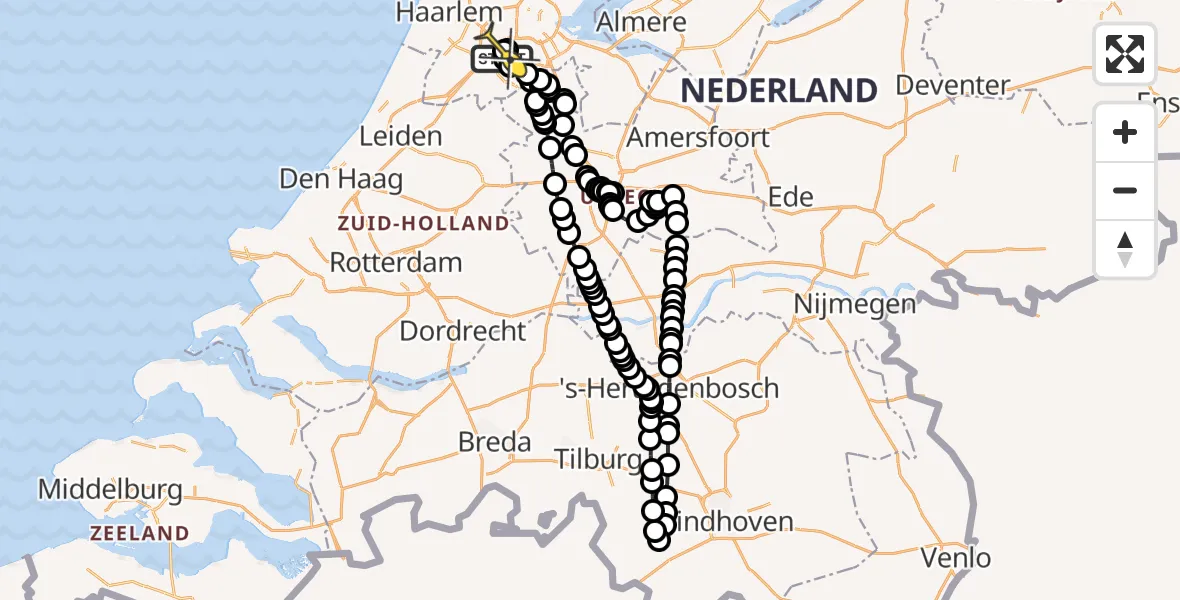 Routekaart van de vlucht: Politieheli naar Schiphol