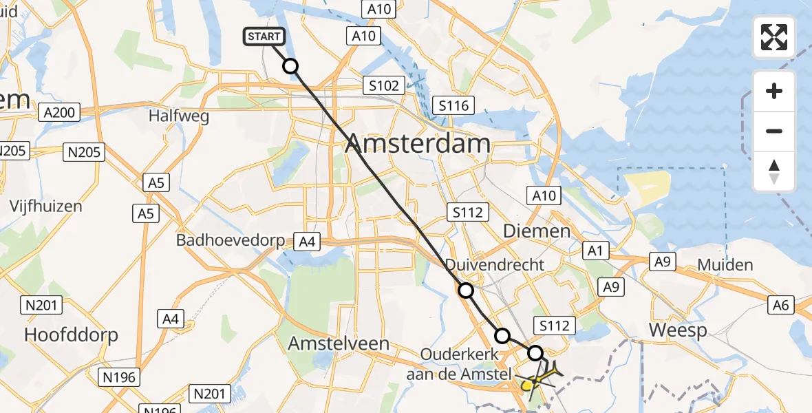 Routekaart van de vlucht: Lifeliner 1 naar Academisch Medisch Centrum (AMC)