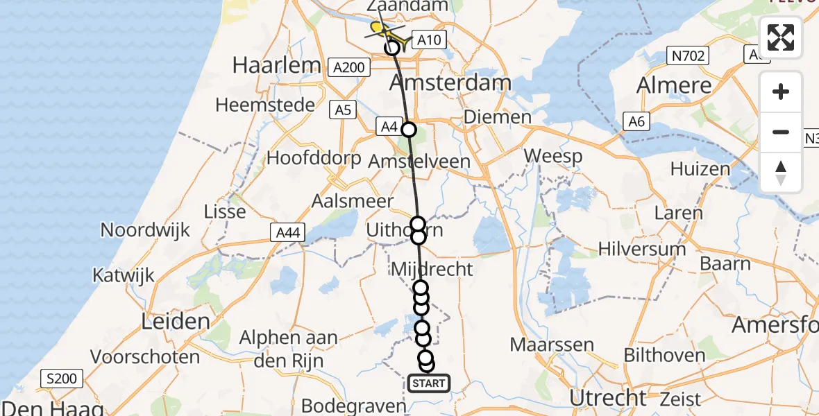 Routekaart van de vlucht: Lifeliner 1 naar Amsterdam Heliport