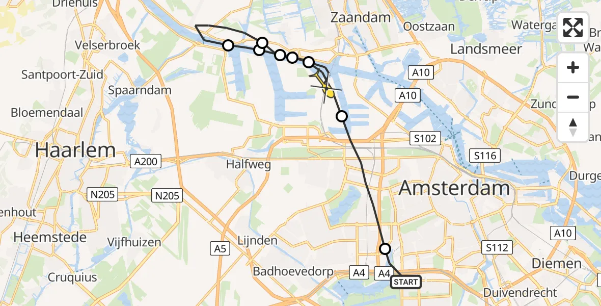 Routekaart van de vlucht: Lifeliner 1 naar Amsterdam Heliport