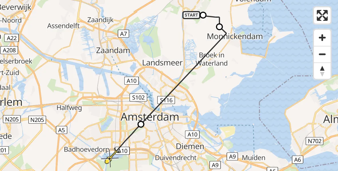 Routekaart van de vlucht: Politiehelikopter naar Amsterdam