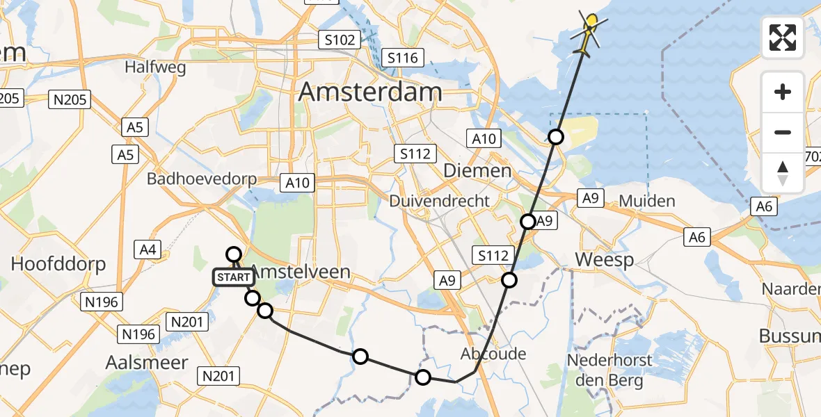 Routekaart van de vlucht: Politieheli naar Amsterdam