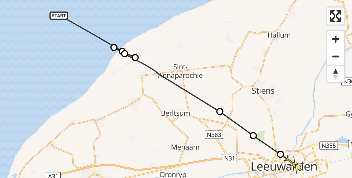 Routekaart van de vlucht: Ambulanceheli naar Leeuwarden