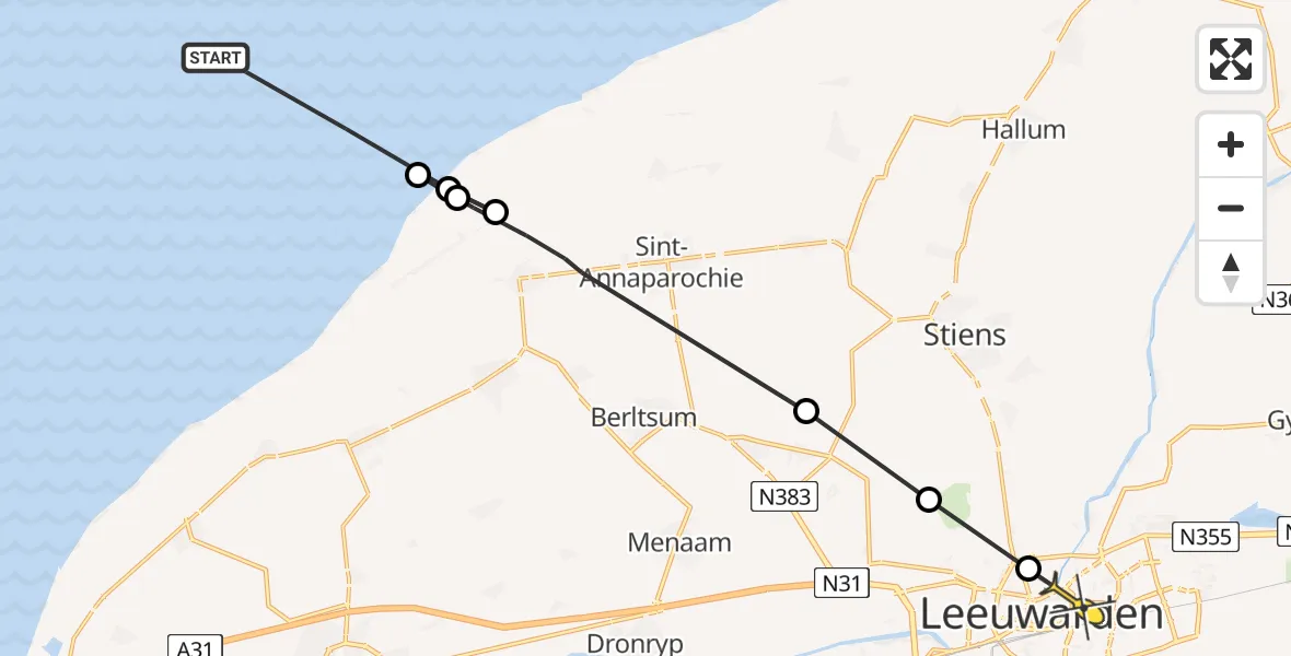 Routekaart van de vlucht: Ambulancehelikopter naar Leeuwarden