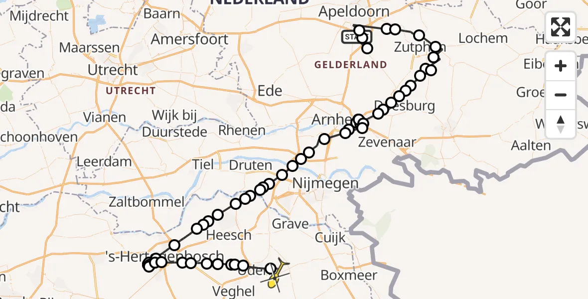 Routekaart van de vlucht: Politiehelikopter naar Vliegbasis Volkel