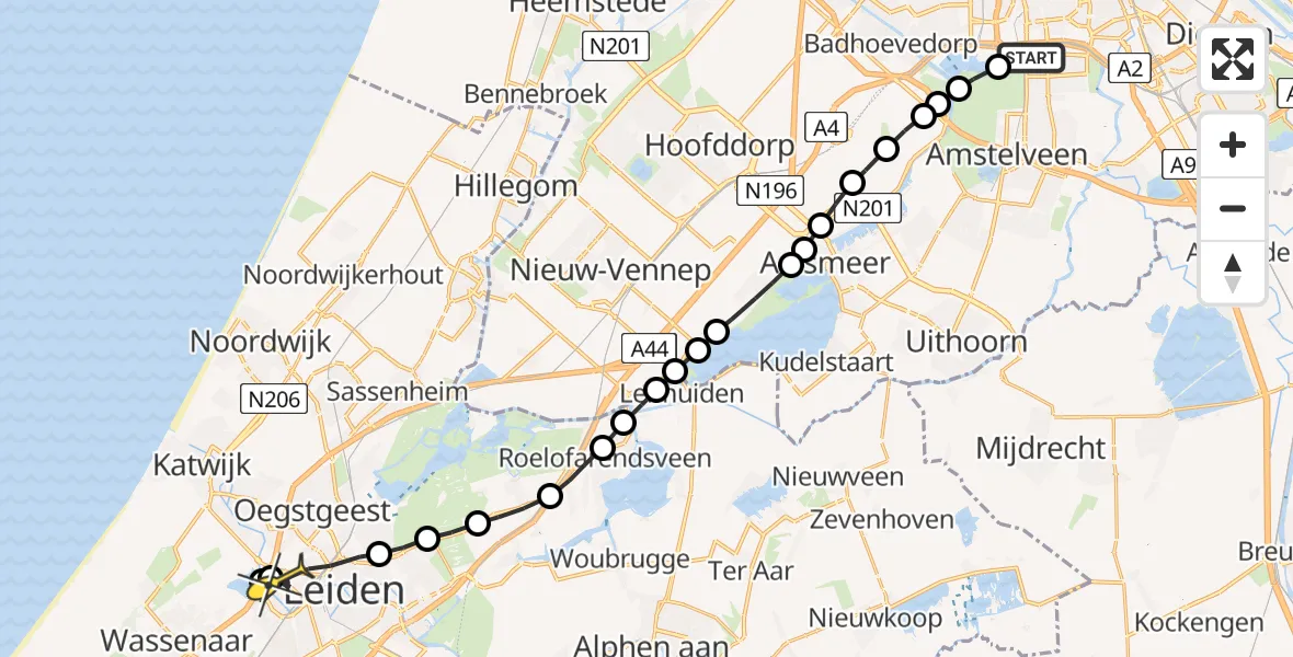 Routekaart van de vlucht: Lifeliner 1 naar Leiden