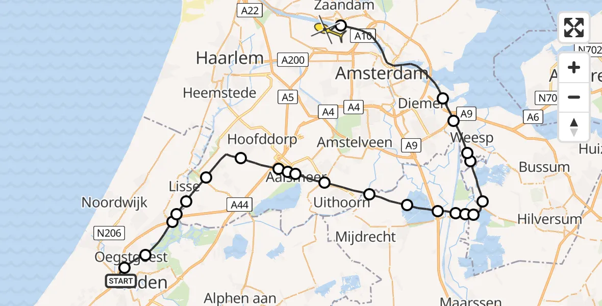 Routekaart van de vlucht: Lifeliner 1 naar Amsterdam Heliport