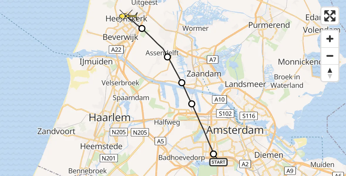 Routekaart van de vlucht: Lifeliner 1 naar Heemskerk