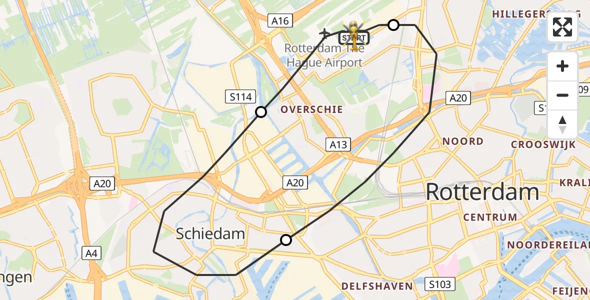 Vluchtroute Traumahelikopter Rotterdam The Hague Airport - Rotterdam The Hague Airport, 11 juli 2023, 22:06