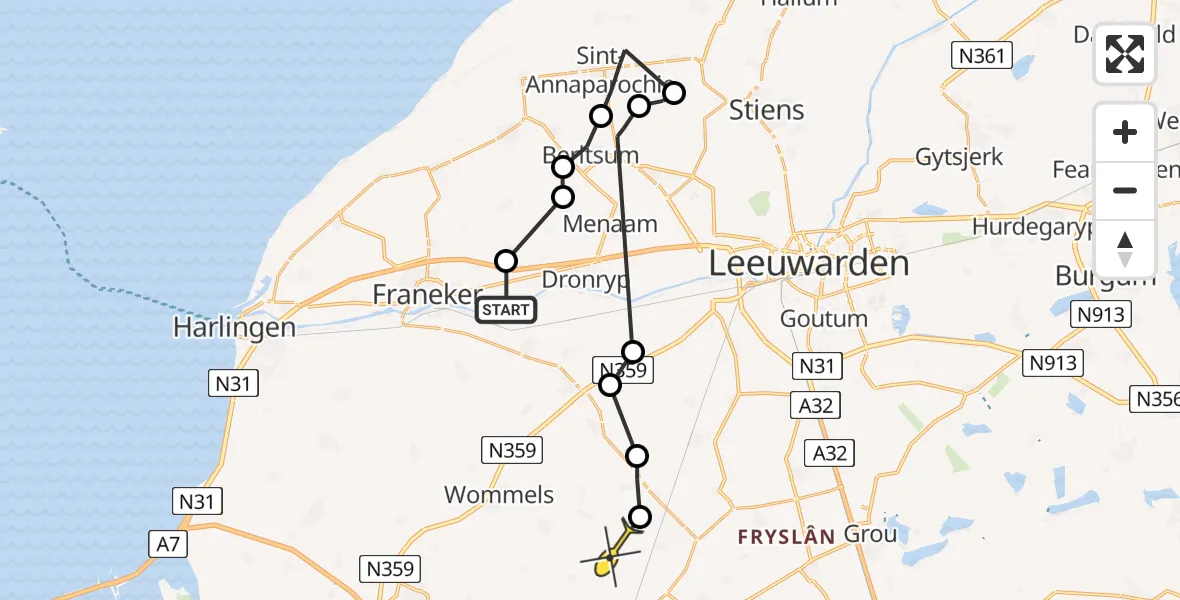 Routekaart van de vlucht: Politieheli naar Lytsewierrum