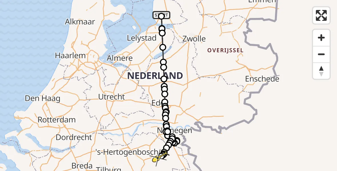 Routekaart van de vlucht: Politiehelikopter naar Vliegbasis Volkel