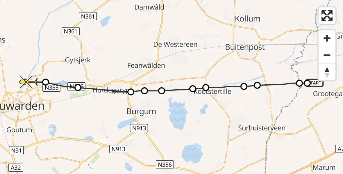 Routekaart van de vlucht: Ambulanceheli naar Lekkum