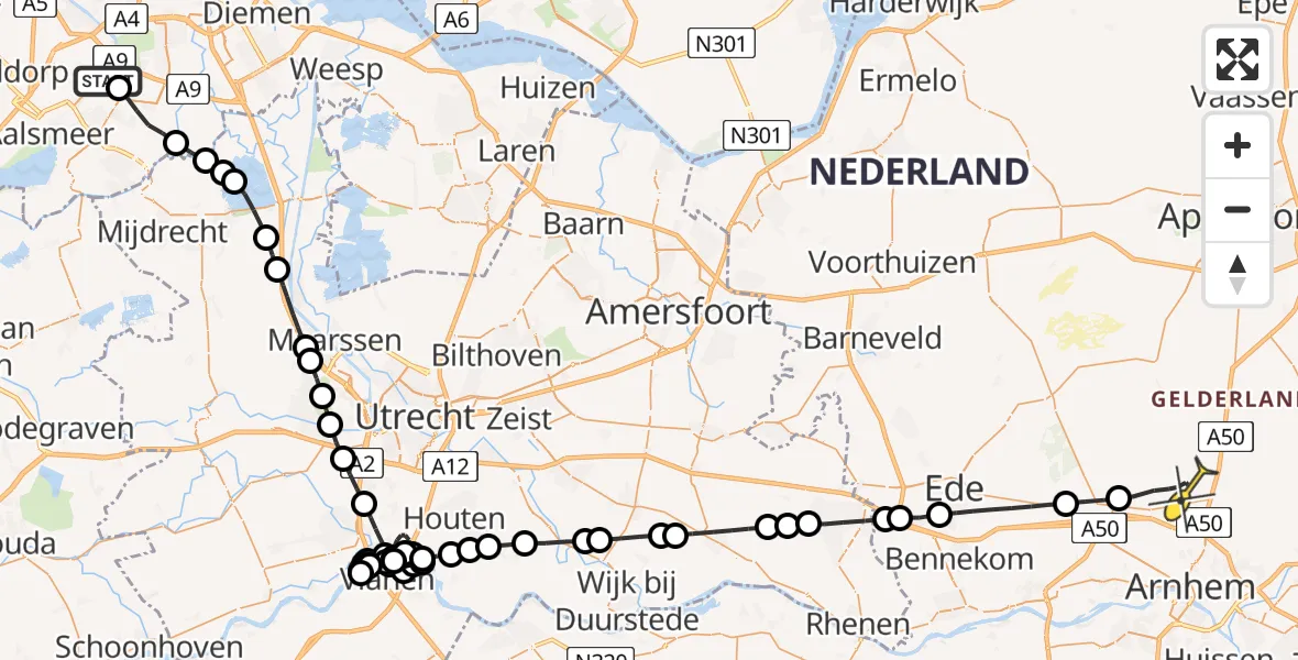 Routekaart van de vlucht: Politieheli naar Arnhem