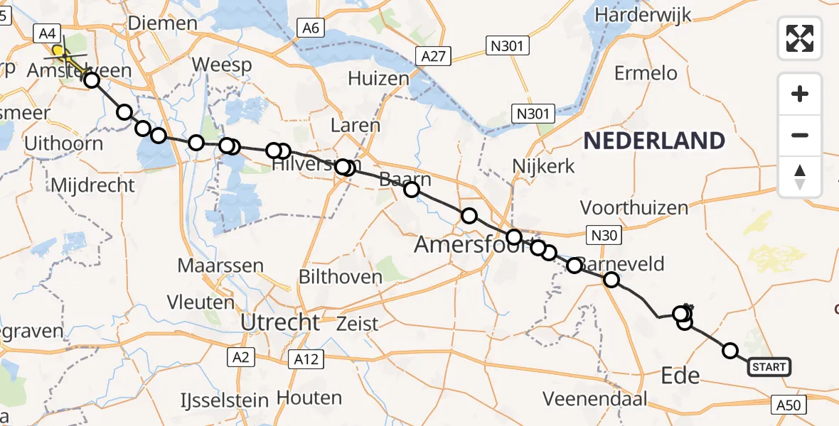 Routekaart van de vlucht: Politieheli naar Amstelveen