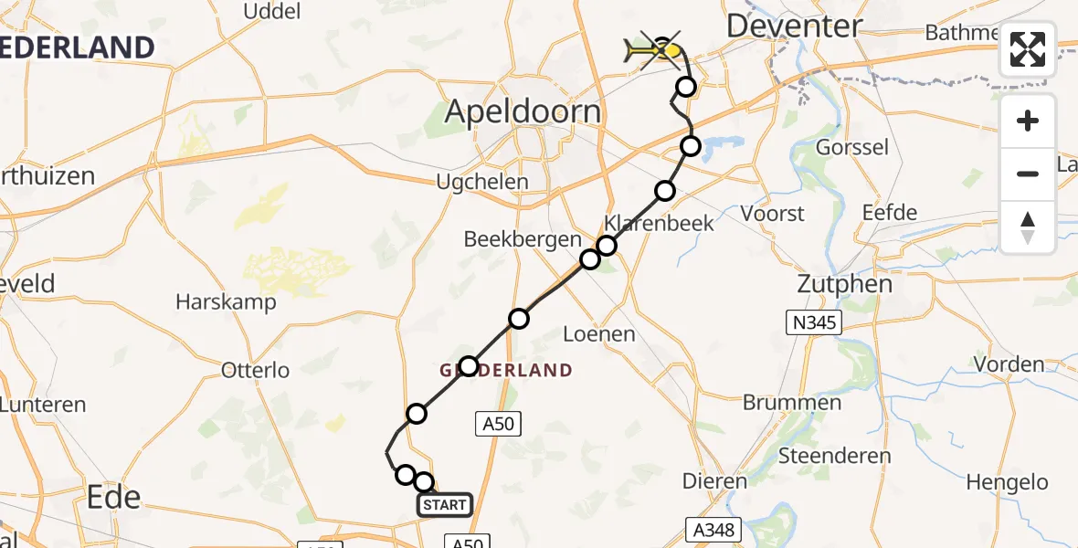 Routekaart van de vlucht: Politiehelikopter naar Vliegveld Teuge